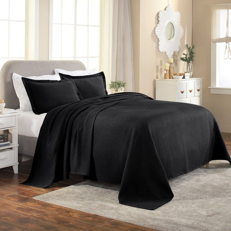Superior Basket Weave 2 Piece Decorative Cotton Bedspread, Lightweight Bedding Set, Twin Size, Black