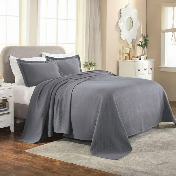 Superior Basketweave 2 Piece Decorative Cotton Bedspread, Lightweight Bedding Set, Twin Size, Gray