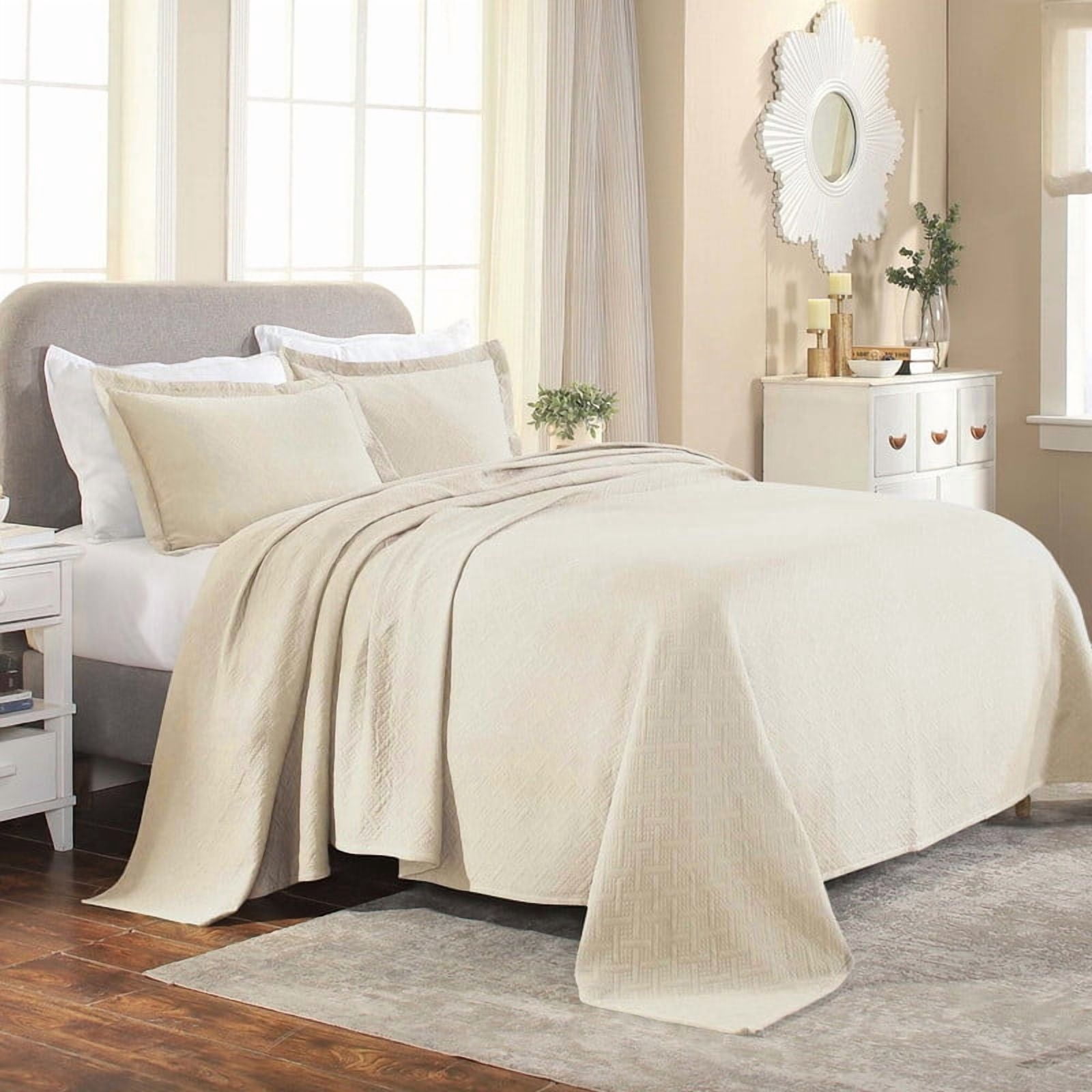 Superior Basket Weave 2 Piece Decorative Cotton Bedspread, Lightweight Bedding Set, Twin Size, Ivory
