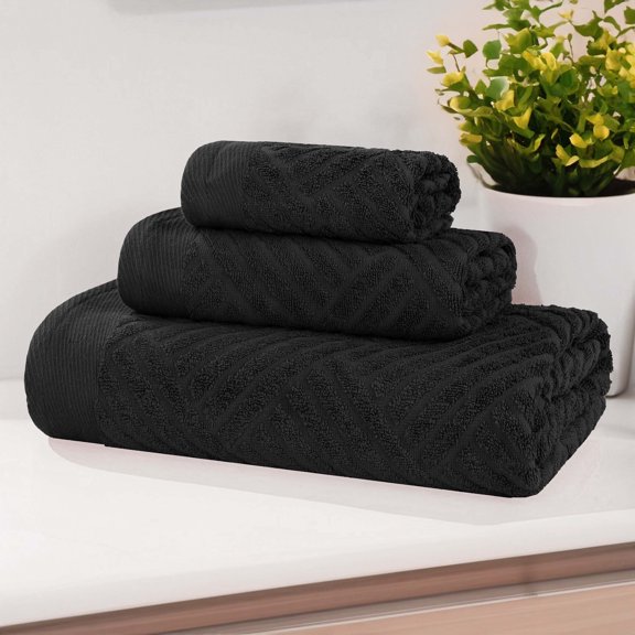 Superior Basketweave Egyptian Cotton Jacquard 3 Piece Towel Set, Black