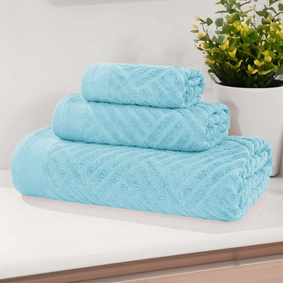 Superior Basketweave Egyptian Cotton Jacquard 3 Piece Towel Set, Sky Blue