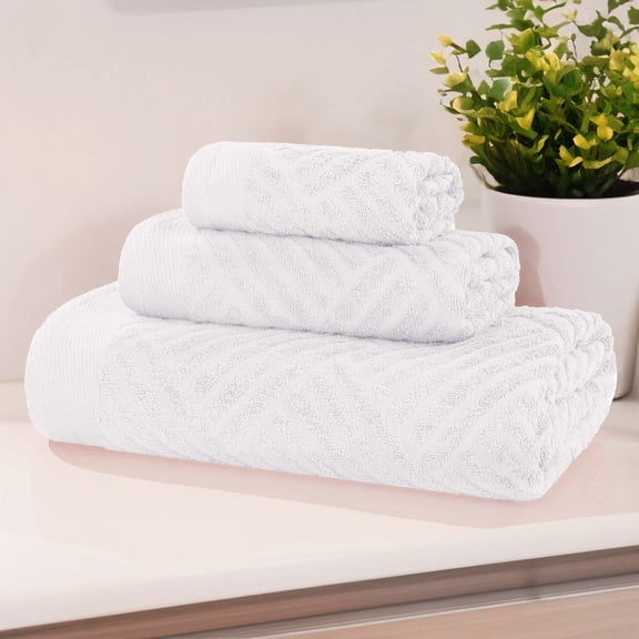Superior Basketweave Egyptian Cotton Jacquard 3 Piece Towel Set, White