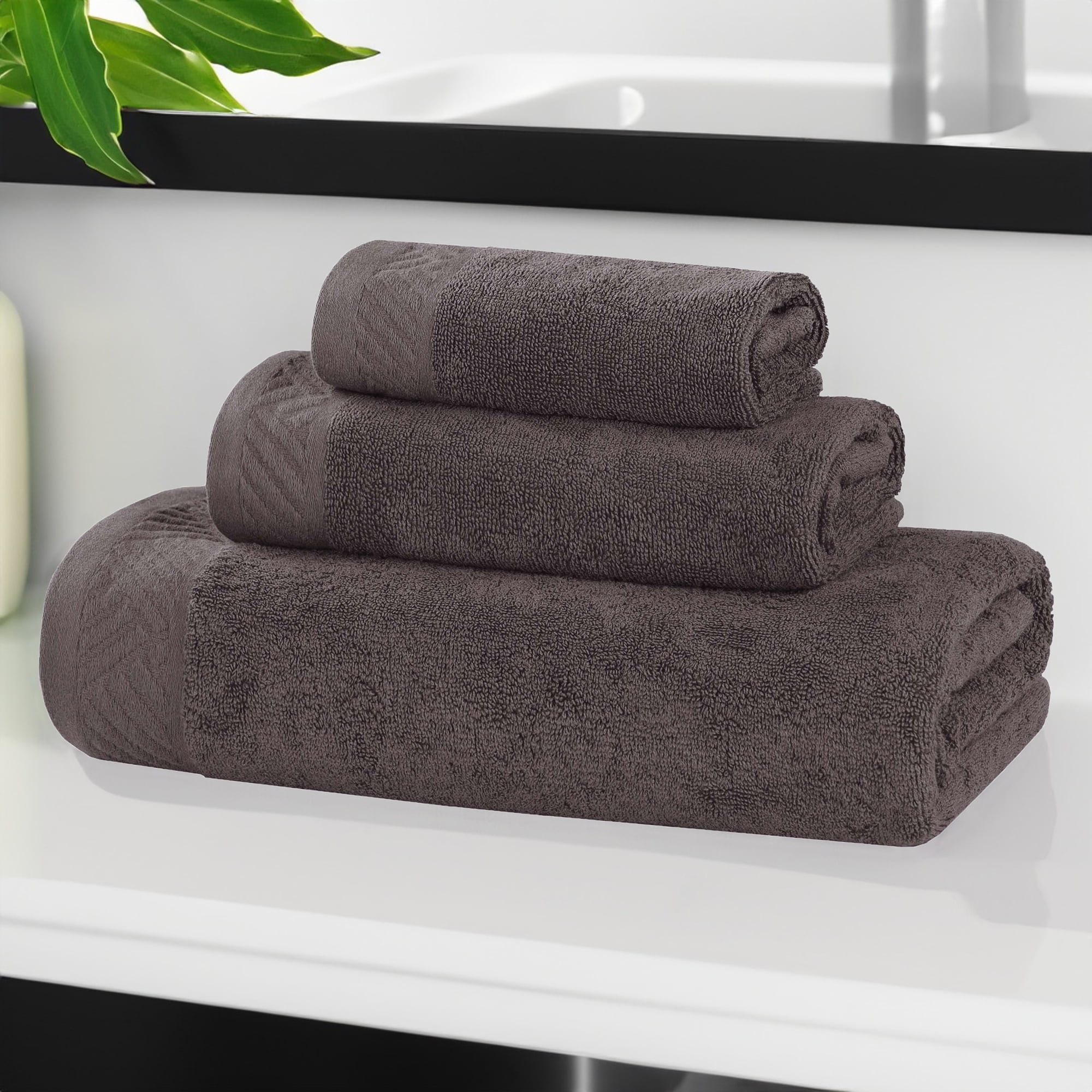 Superior Basketweave Egyptian Cotton Solid 3 Piece Towel Set, Grey