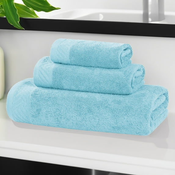 Superior Basketweave Egyptian Cotton Solid 3 Piece Towel Set, Sky Blue