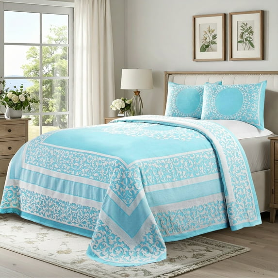 Superior 3-Pieces High-Durability Cotton-Blend Bedspread Set, Full, Aqua