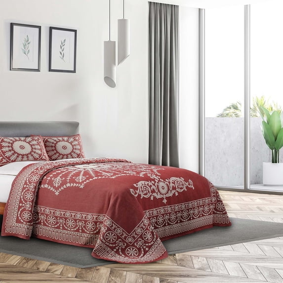 Superior 3-Pieces High-Durability Reversible Cotton Blend Bedspread Set, Full, Berry Red