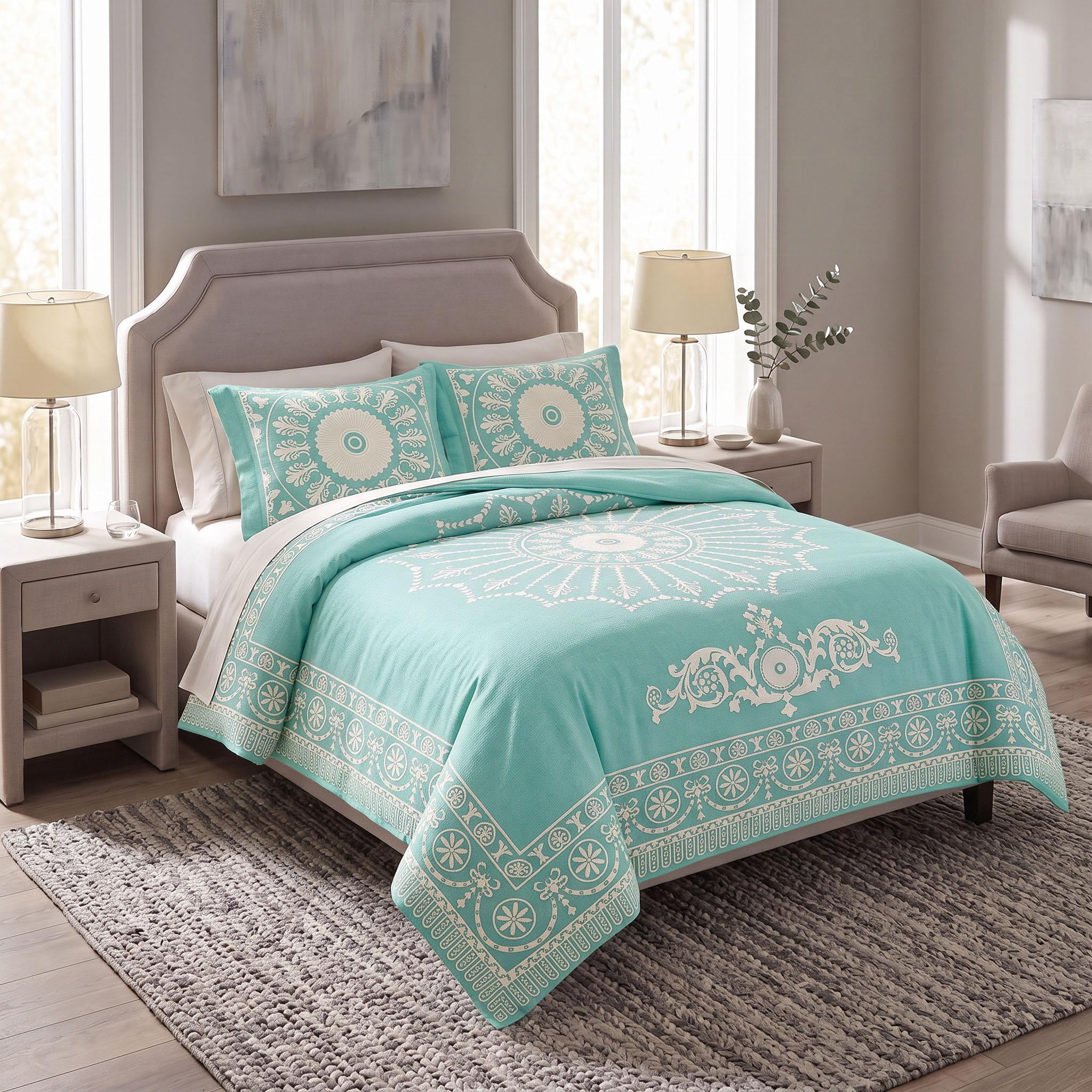 Superior Cotton Blend Woven Jacquard Vintage Medallion Bedspread Set, Full, Turquoise