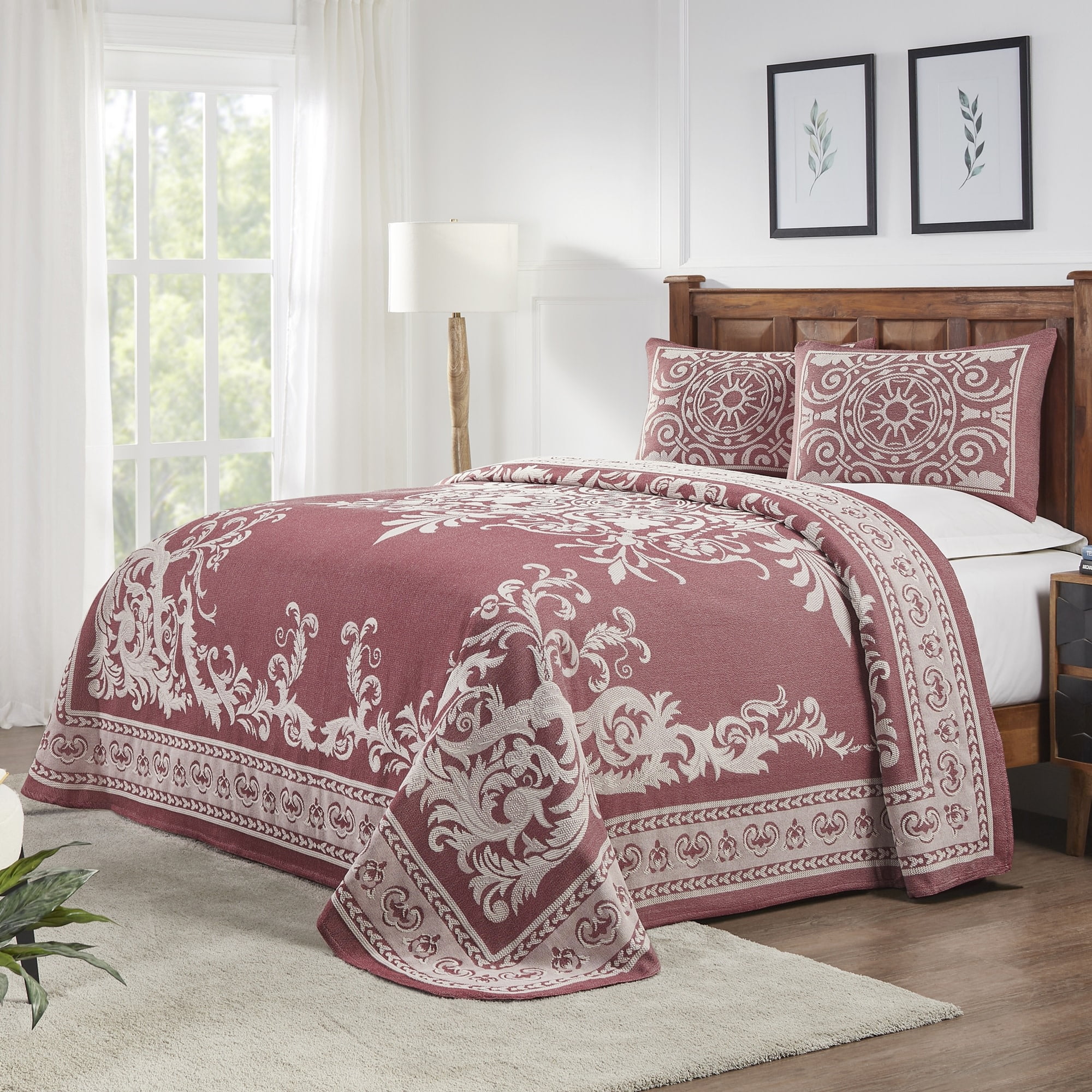 Berry Red King Cotton Blend Medallion Bedspread Set