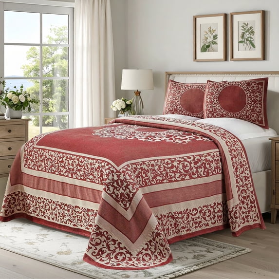 Superior 3-Pieces High-Durability Cotton-Blend Bedspread Set, King, Berry Red