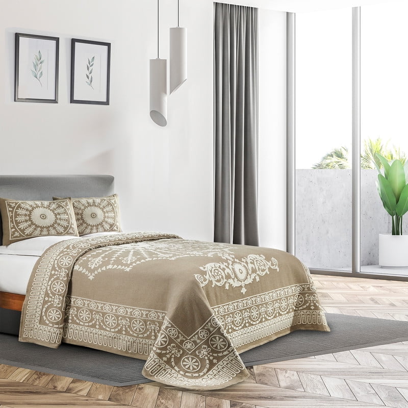 Taupe Cotton Blend Queen Bedspread Set with Medallion Design