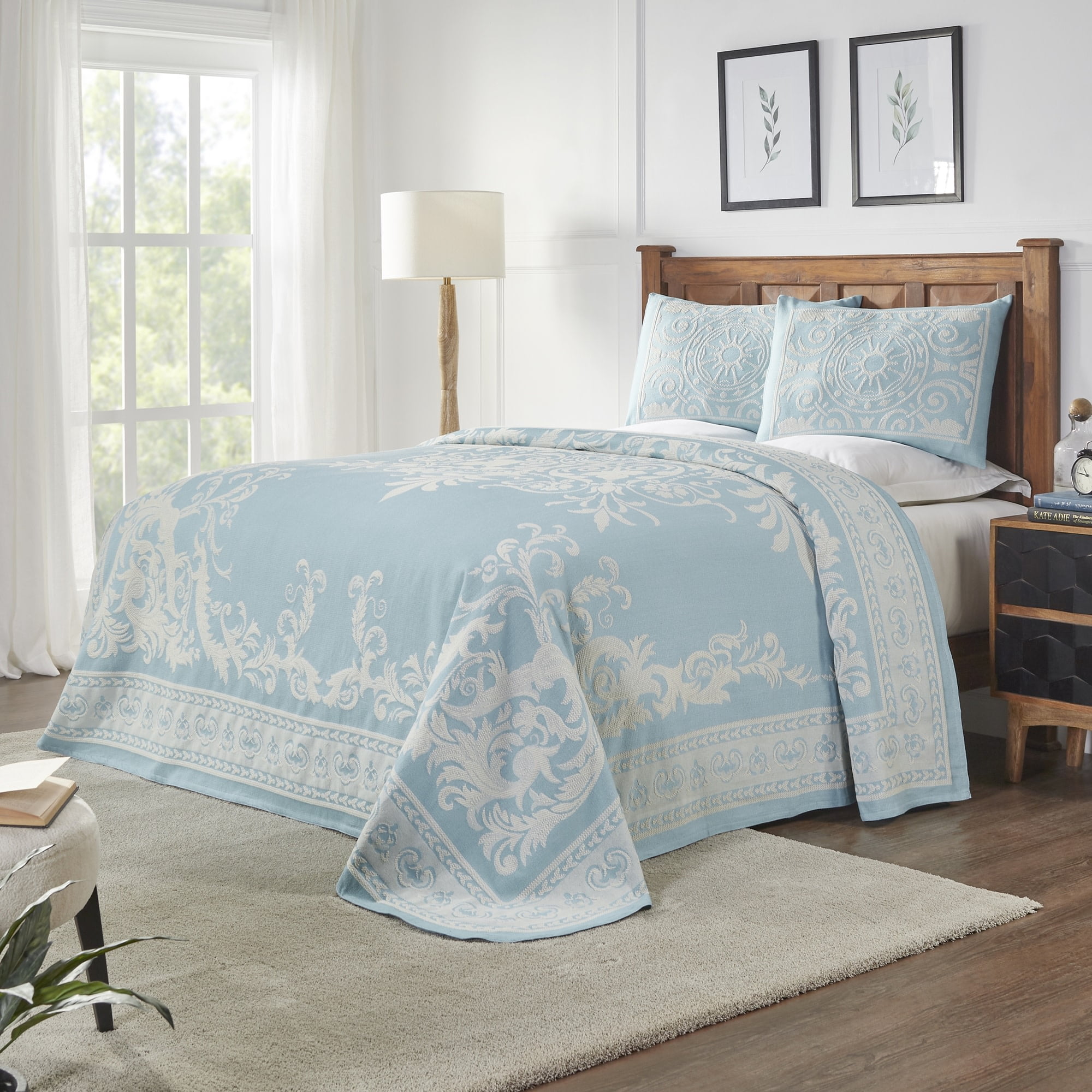 Aqua Cotton Blend Jacquard Twin Bedspread Set with Medallion Pattern