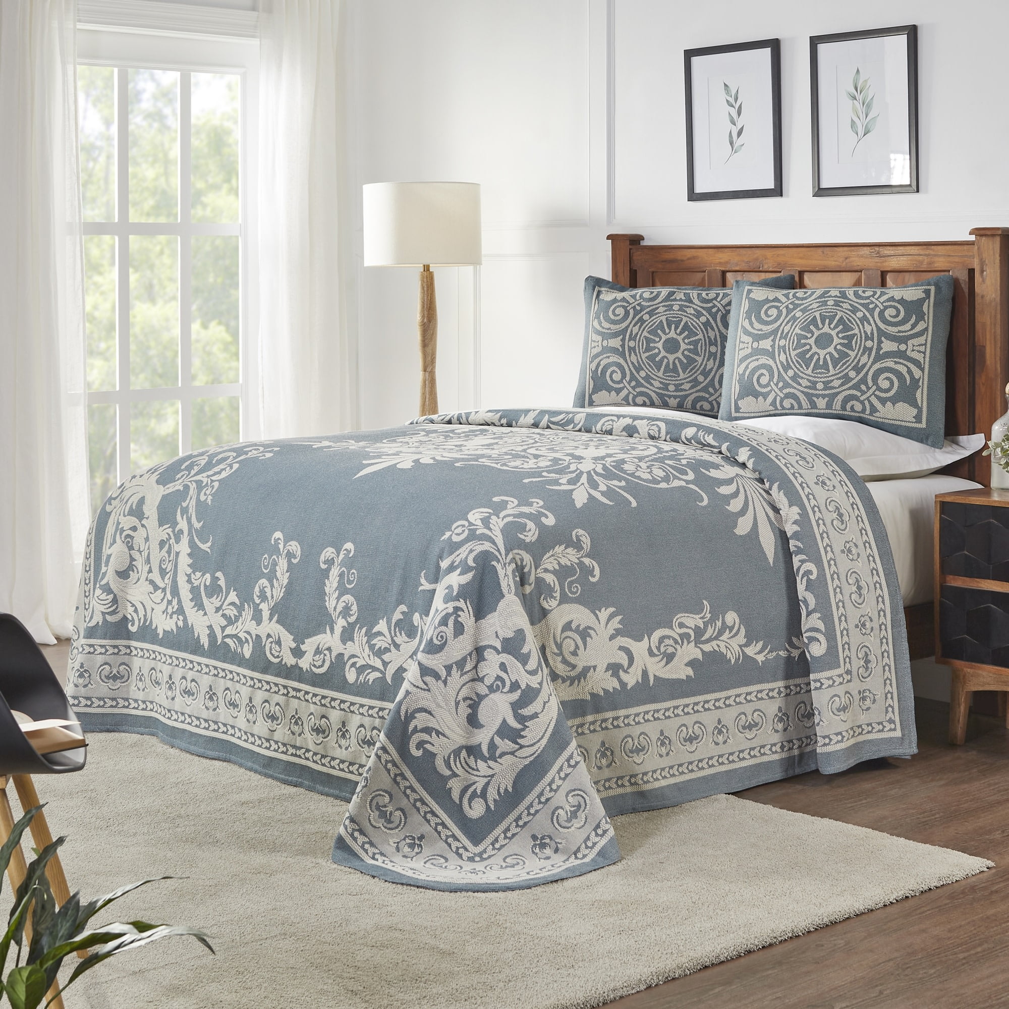 Cerulean Blue Twin Cotton Blend Medallion Bedspread Set