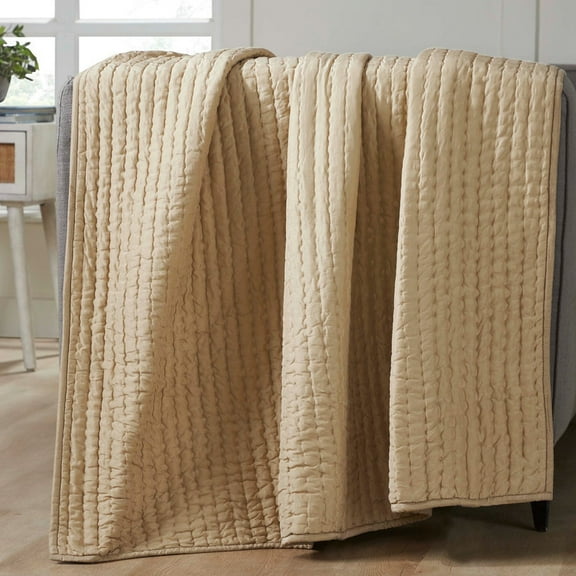 Superior Bella 100% Silk Pick Stitch Quilt, Throw, Light Brown