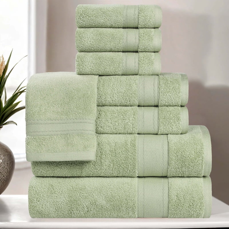 Superior Belmont 8 Piece Zero Twist Towel Set, Ultra Soft Cotton Towels, Green