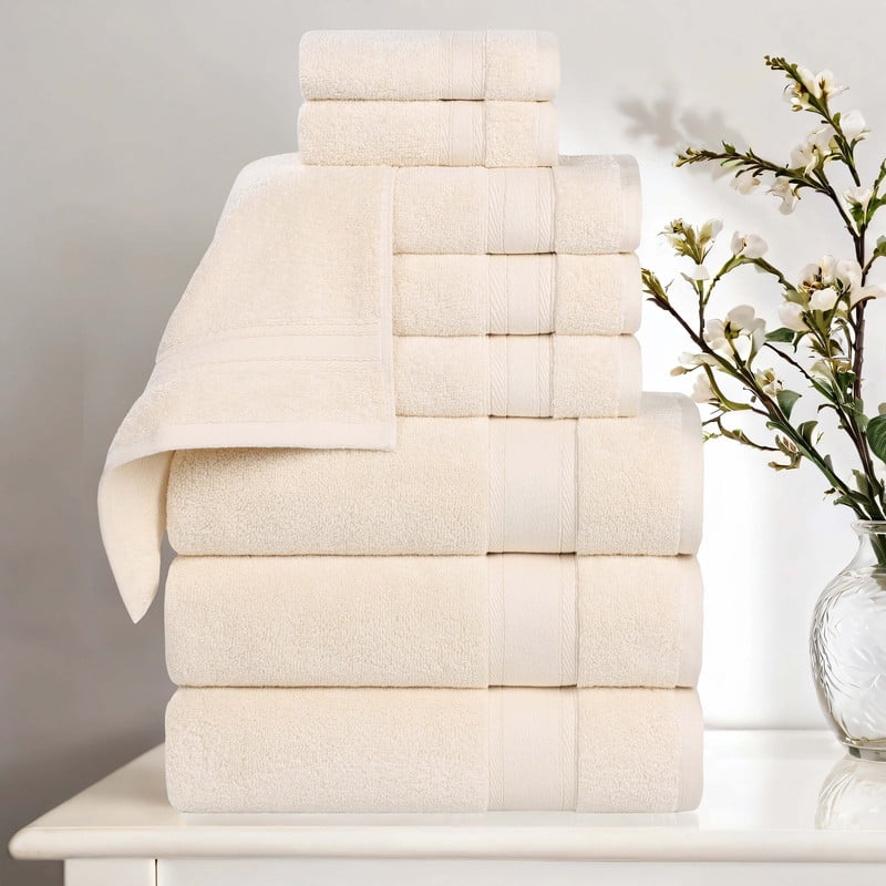 Superior Belmont 9 Piece Zero Twist Towel Set, Ultra Soft Cotton Towels, Ivory