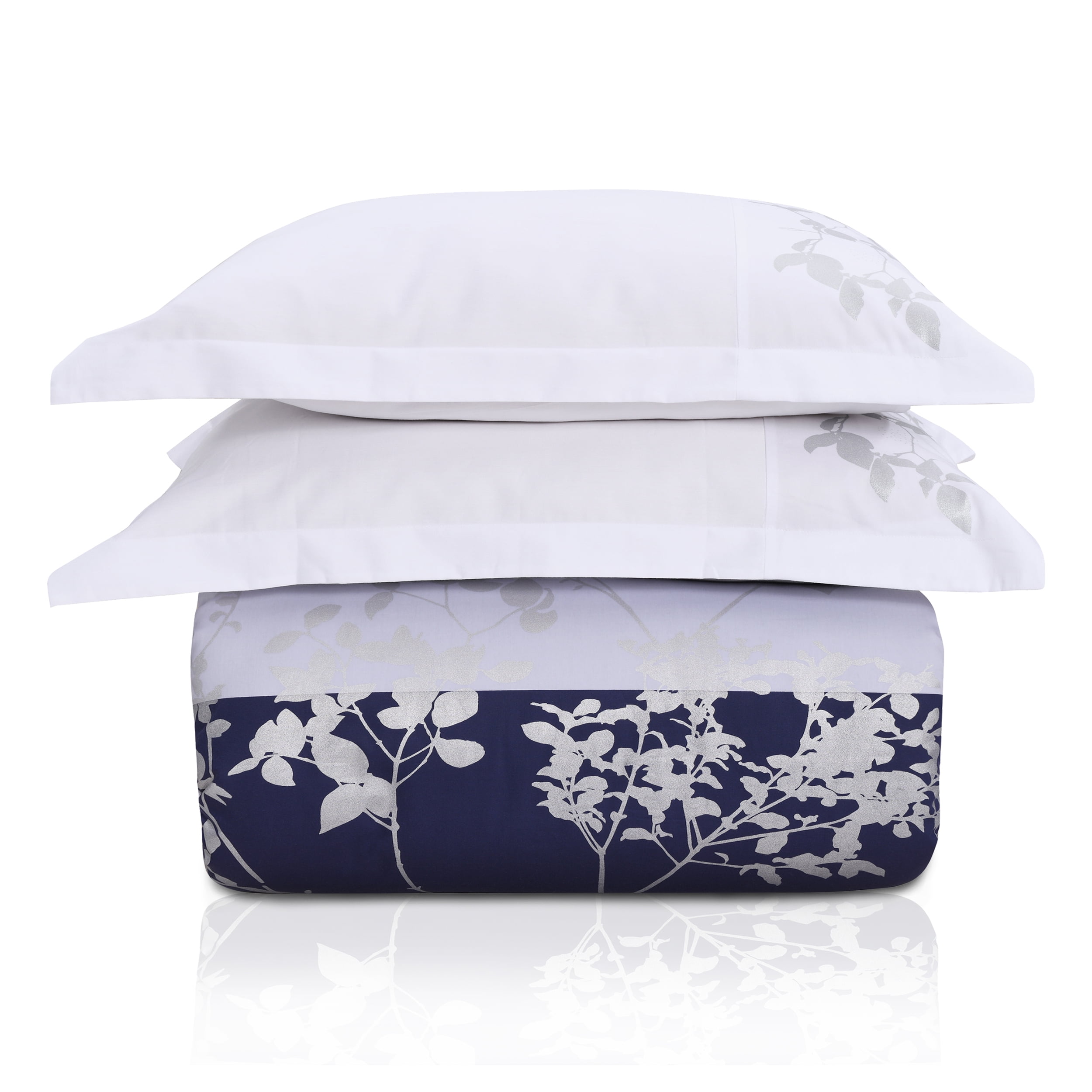 King/California King Blue and White Cotton Leaf Duvet Cover Set