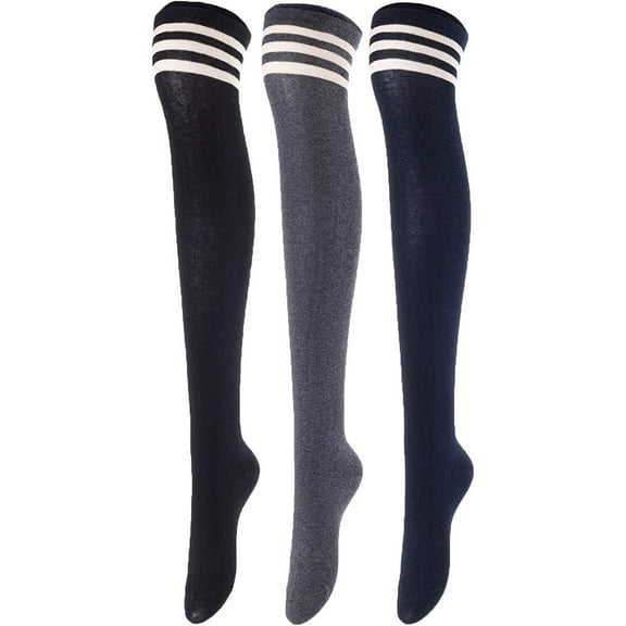 Big Girls Women's 3 Pairs Fancy Design, Thigh High Cotton Boot Socks Size 6-9 Black, Dark Grey, Navy