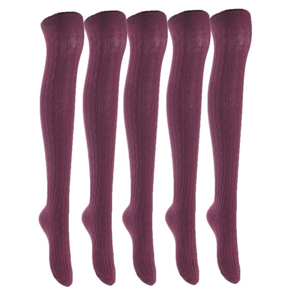 Big Girls Women's 5 Pairs Thigh High Cotton Boot SocksFancy Design, Colors Size 6-9 Wine