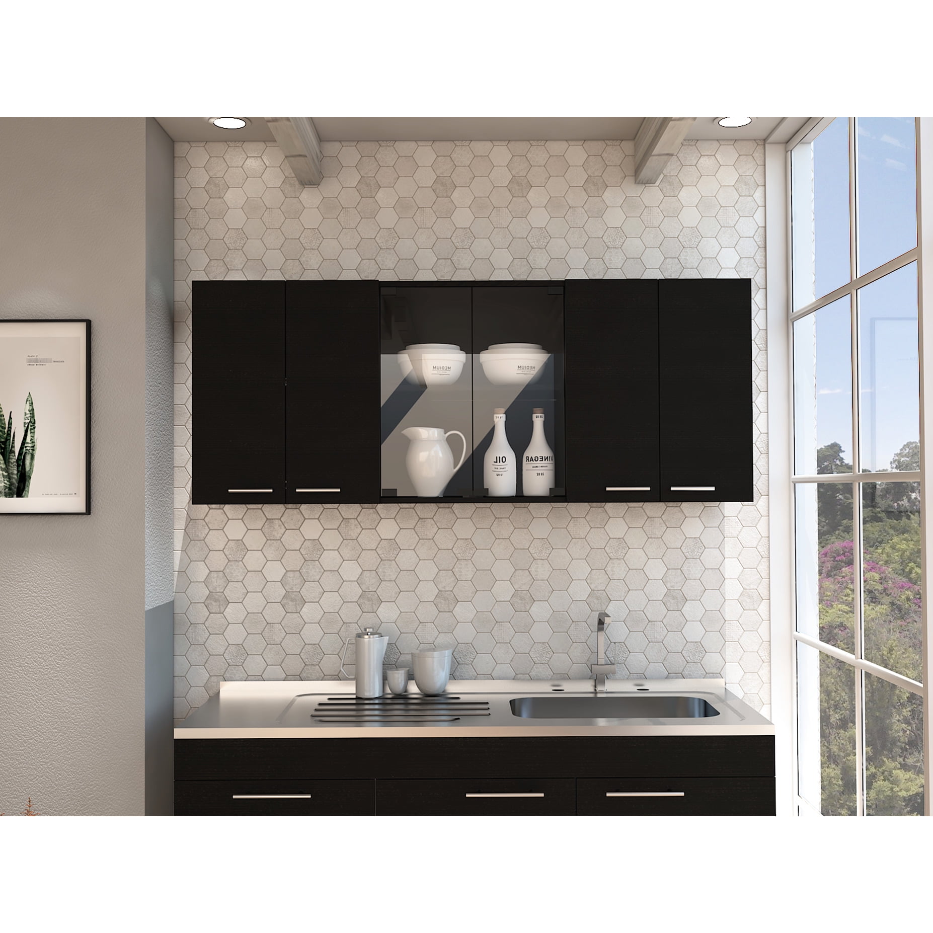 Superior Black Wall Cabinet With Glass - 150 Version Four Shelves And ...