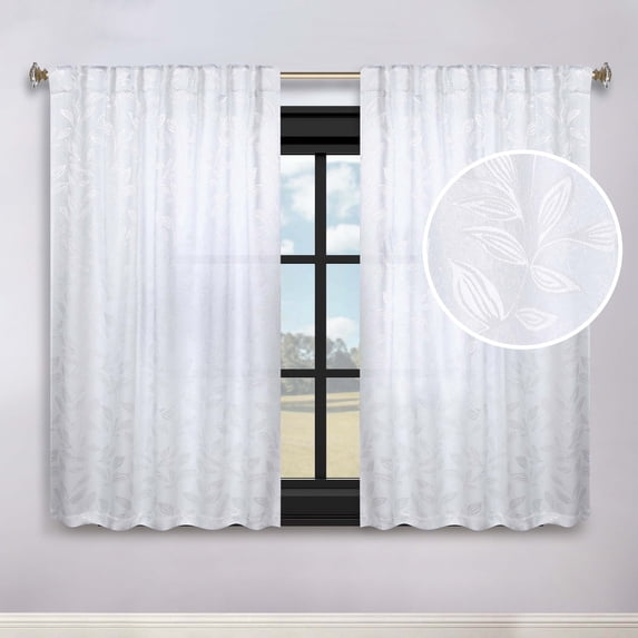 Superior Blackout Leaves Back Tab Curtains Set of 2, Light Filtering Curtain Panel Set, White-White, 52"W x 63"L