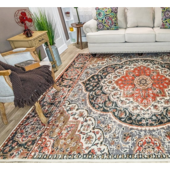 Superior Bodhi Floral Medallion Indoor Area Rug, 8' x 10', Ginger