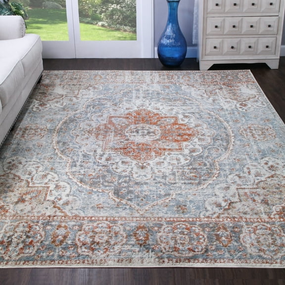 Superior Bodhi Floral Medallion Indoor Area Rug, 9' x 12', Canal Blue