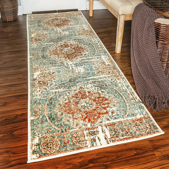 Superior Bodhi Floral Medallion Indoor Runner Rug, 2' 7" x 8', Canal Blue
