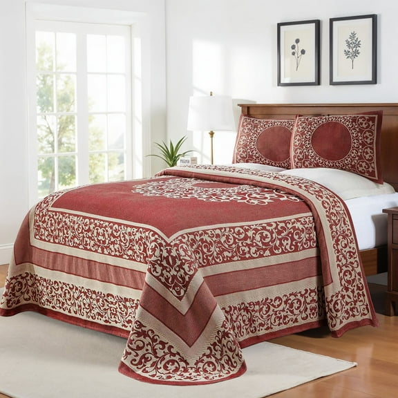 Superior Bohemian Mandala Lightweight Cotton Blend Woven Jacquard Bedspread Set, King, Berry Red