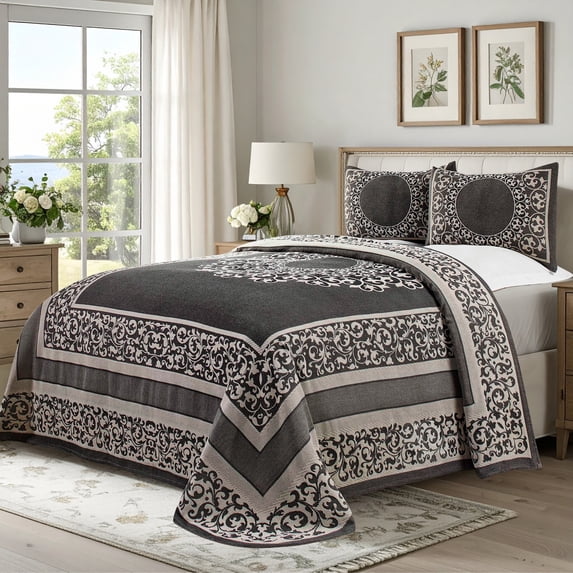 Superior Bohemian Mandala Lightweight Cotton Blend Woven Jacquard Bedspread Set, Queen, Charcoal