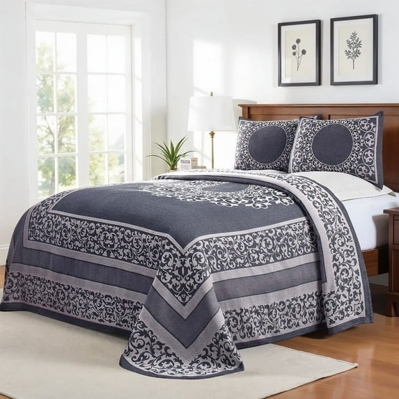 Superior Bohemian Mandala Lightweight Cotton Blend Woven Jacquard Bedspread Set, Queen, Denim Blue