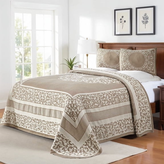 Superior Bohemian Mandala Lightweight Cotton Blend Woven Jacquard Bedspread Set, Queen, Taupe