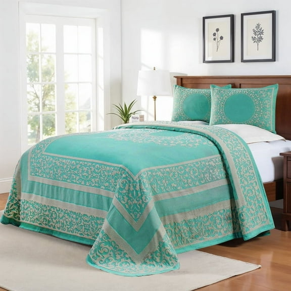 Superior Bohemian Mandala Lightweight Cotton Blend Woven Jacquard Bedspread Set, Twin, Turquoise