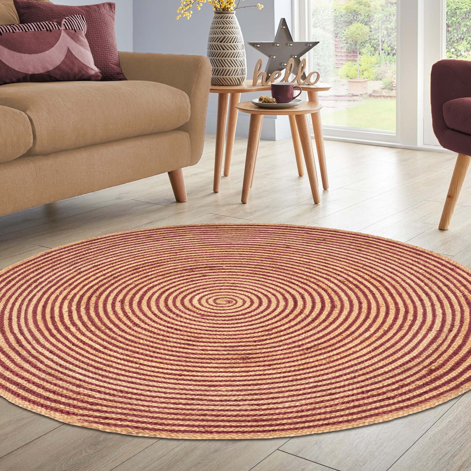 Braided Burgundy and Natural Jute Round Area Rug, 8'