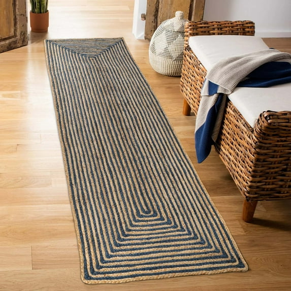 Superior Braided Jute Handwoven Indoor Outdoor Area Rug, 2'6" x 12', Navy Blue