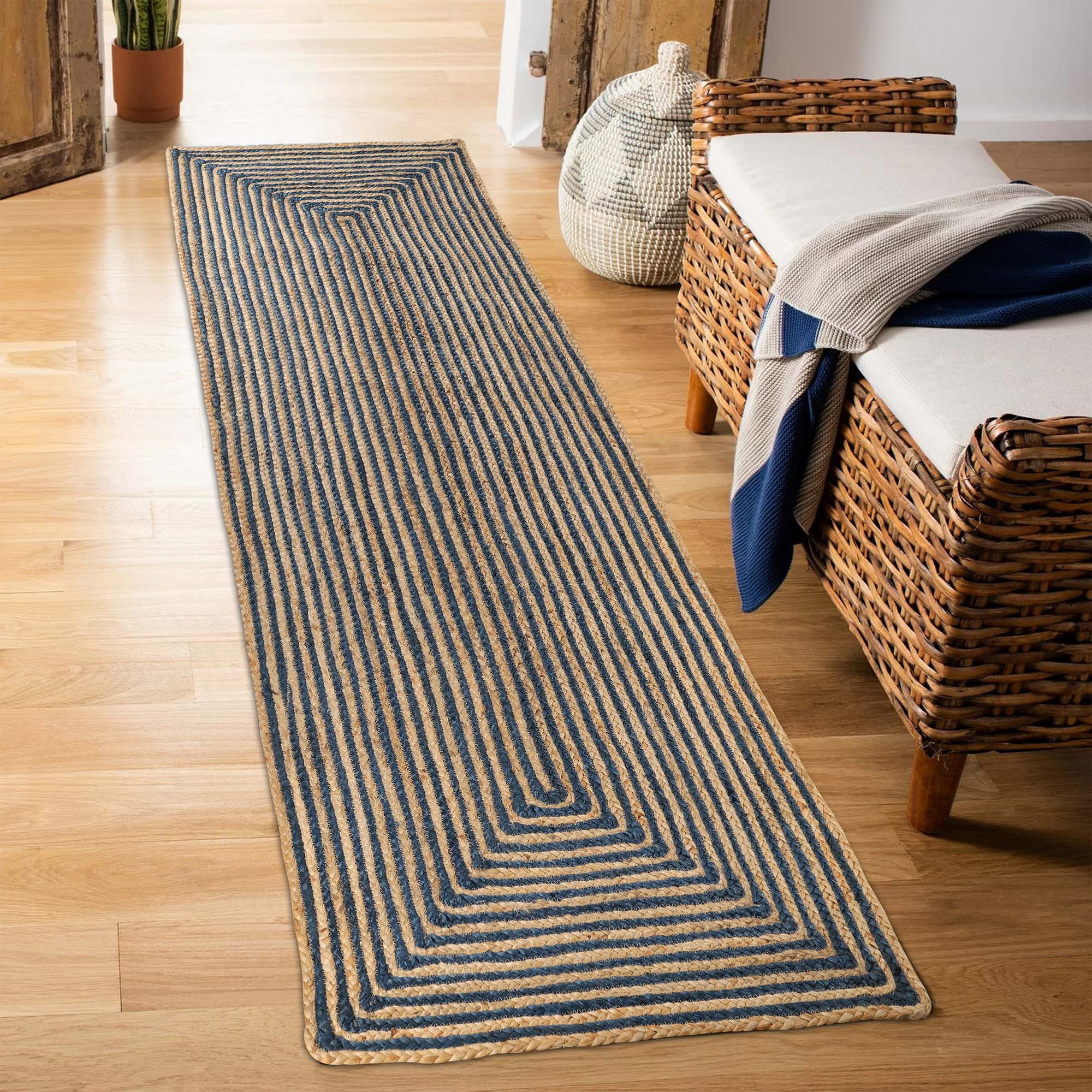Superior Braided Jute Handwoven Indoor Outdoor Area Rug, 2'6" x 8', Navy Blue