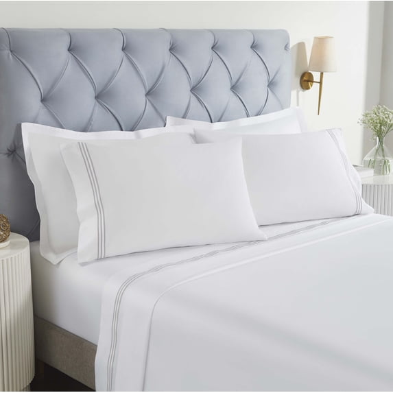 Superior Brandon Embroidered Cotton Bed Sheet Set, Queen, White/Silver