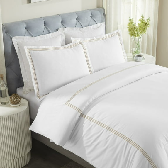 Superior Brandon Embroidered Cotton Duvet Cover Set, Full/Queen, White/Gold