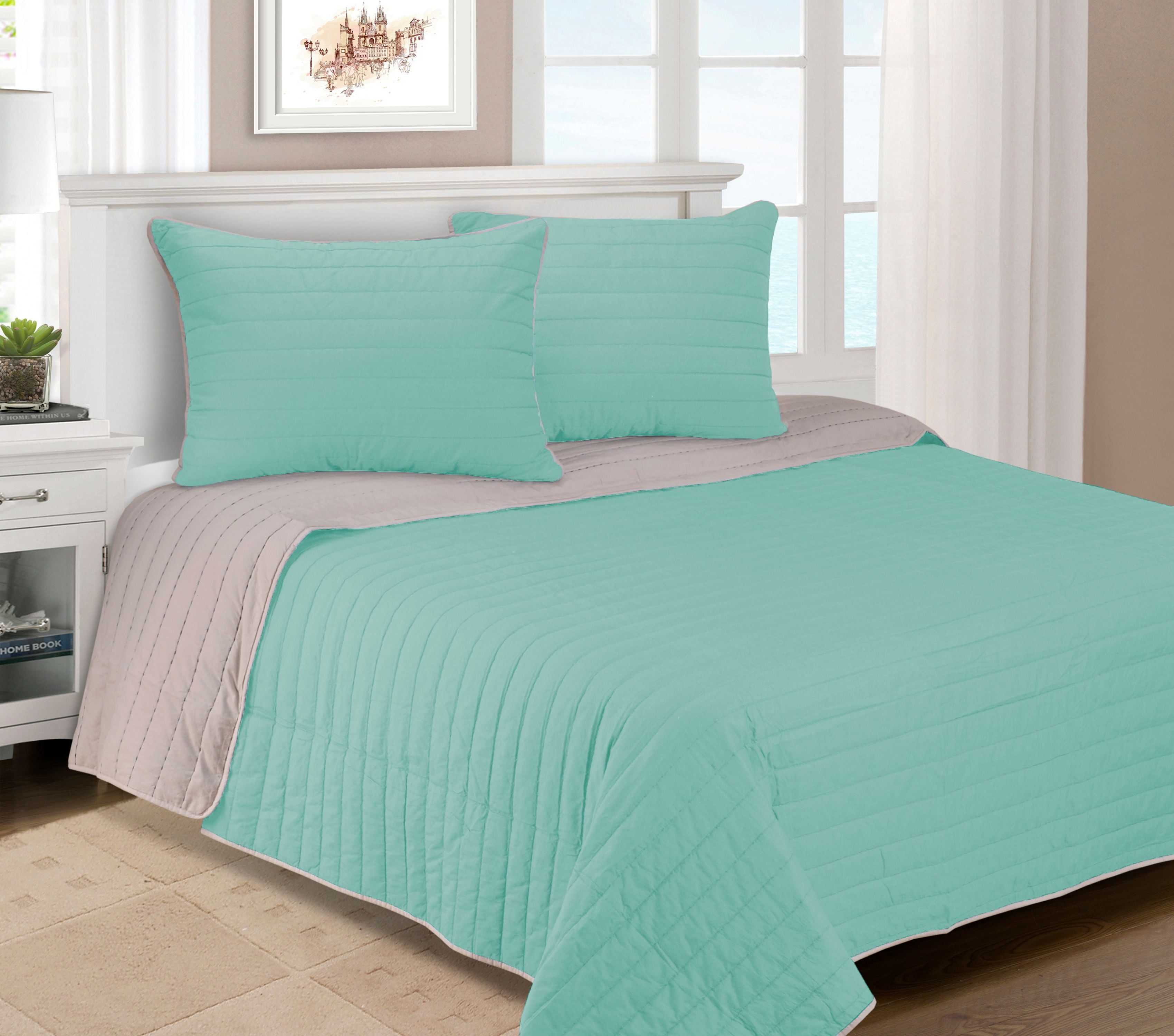 Twin Light Blue Cotton Striped Reversible Quilt Set