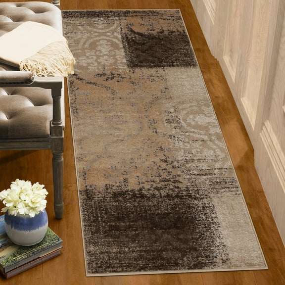 Superior Bristol 2' 7" x 10' Indoor Runner Rug, Damask Rugs for Living Room Bedroom, Beige-Camel