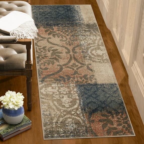 Superior Bristol 2' 7" x 8' Indoor Runner Rug, Rugs for Living Room Bedroom, Midnight Navy-Salmon