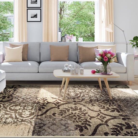 Superior Bristol 2' x 3' Indoor Area Rug, Abstract Damask Rugs for Living Room Bedroom, Beige-Brown