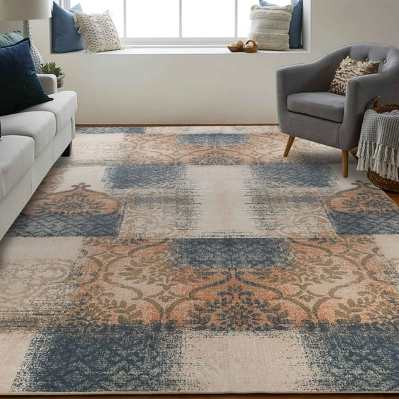 Superior Bristol Indoor Area Rug, 10' x 14', Midnight Navy-Salmon