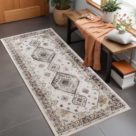 Superior Burj Ivory Medallion Washable Indoor Runner Rug, 2' 7" x 6', Ivory