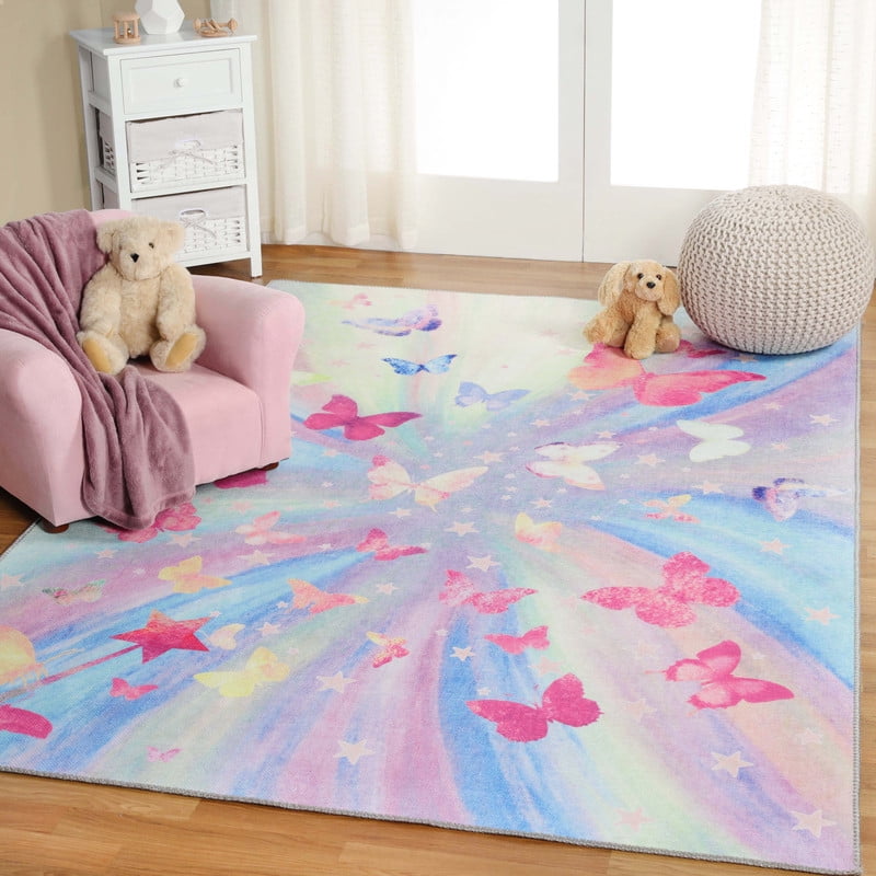 Magenta and Multicolor Synthetic Butterfly Kids Area Rug, 5' x 7'