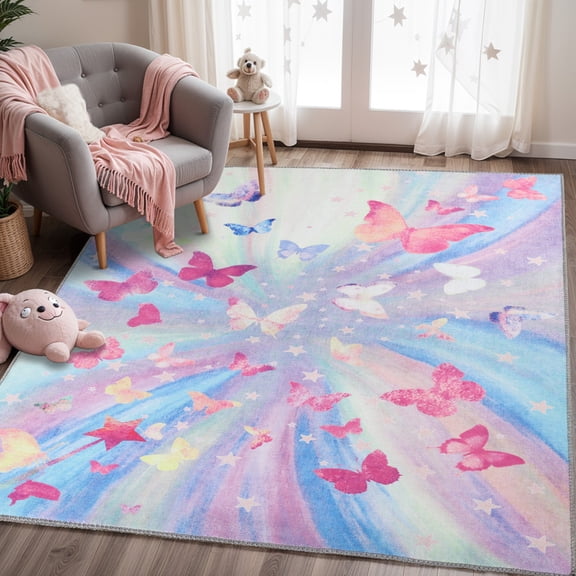 Superior Butterfly Non-Slip Indoor Play Rug, 5' x 5', Magenta