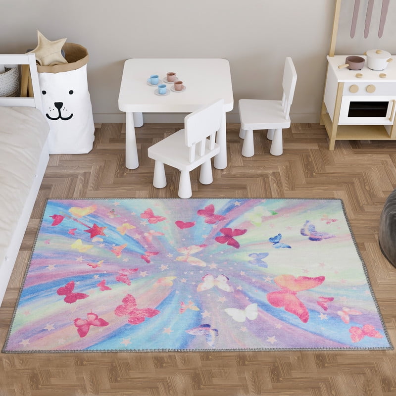 Superior Butterfly Non-Slip Washable Indoor Play Rug, 3' x 5', Magenta