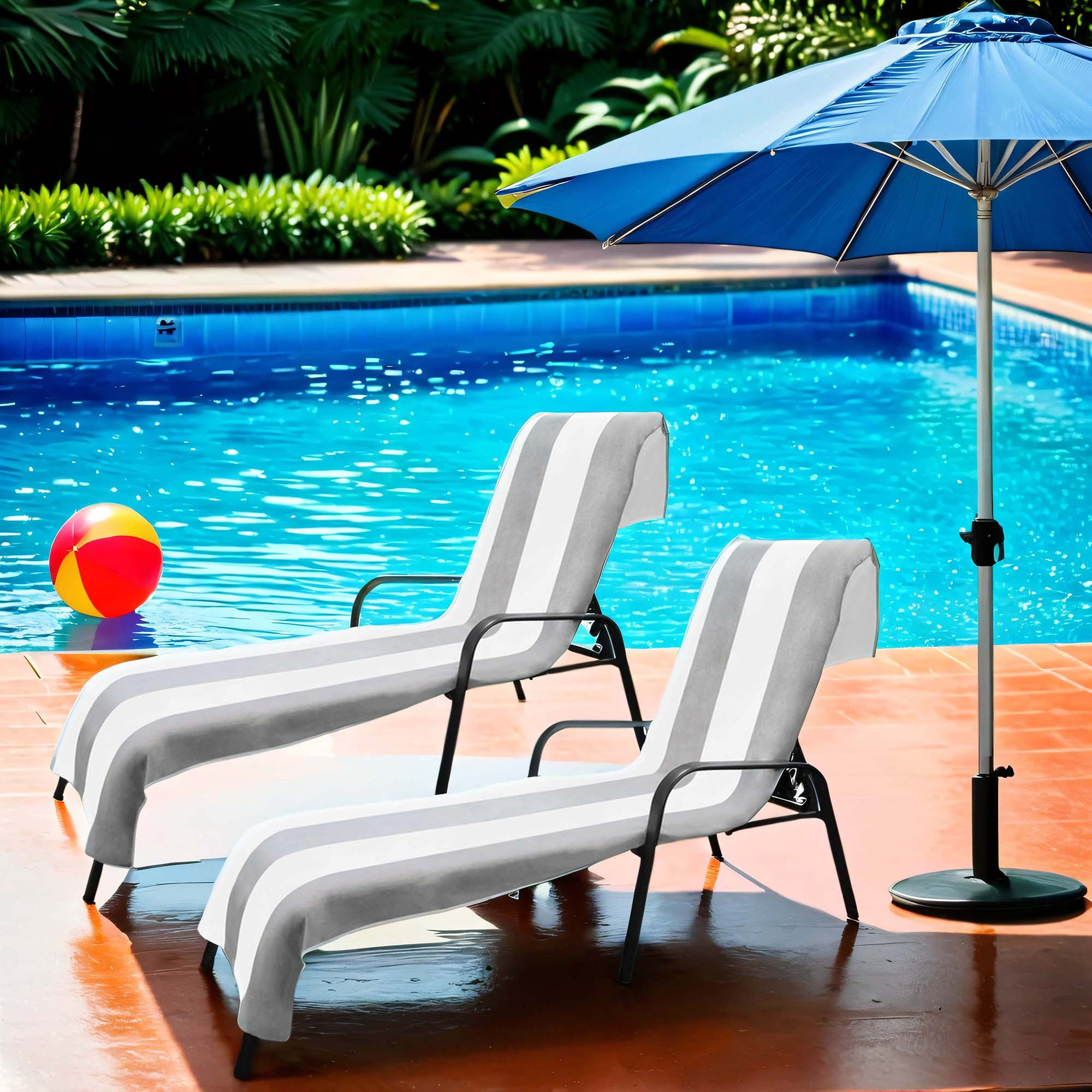 Light Grey Cotton Striped Lounge Chair Cover Set of 2