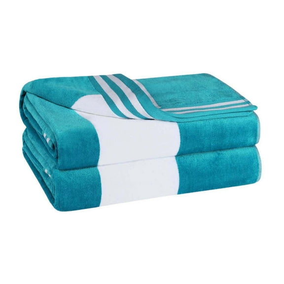 Superior Cabana Striped 2-Piece Oversized Cotton Beach Towel Set, Turquoise