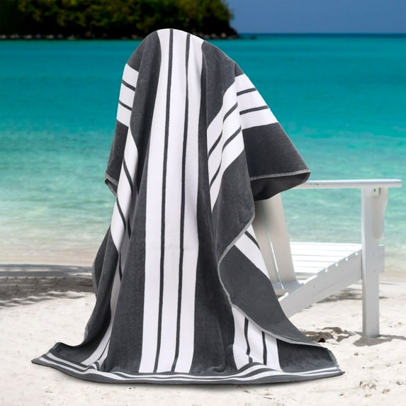 Superior Cabana Striped 4-Piece Oversized Cotton Beach Towel Set, Charcoal