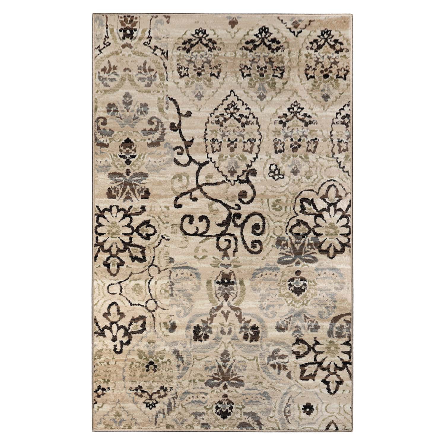 Elegant Beige Floral Damask Indoor Area Rug, 5' x 8', Easy Care
